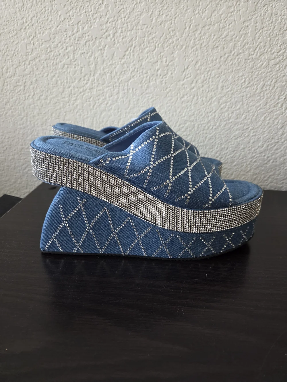 Cape Robbin Denim Rhinestone Platform Slide - Blue